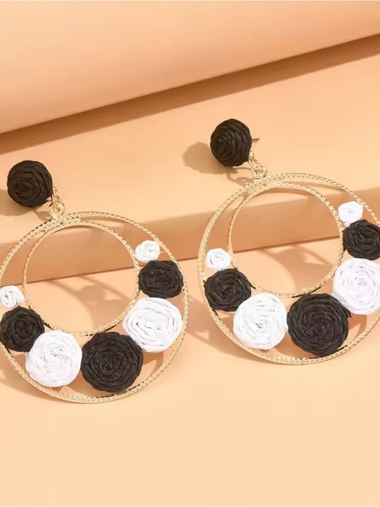 Jewelry - Black & White Floral Hoop Drop Earrings
